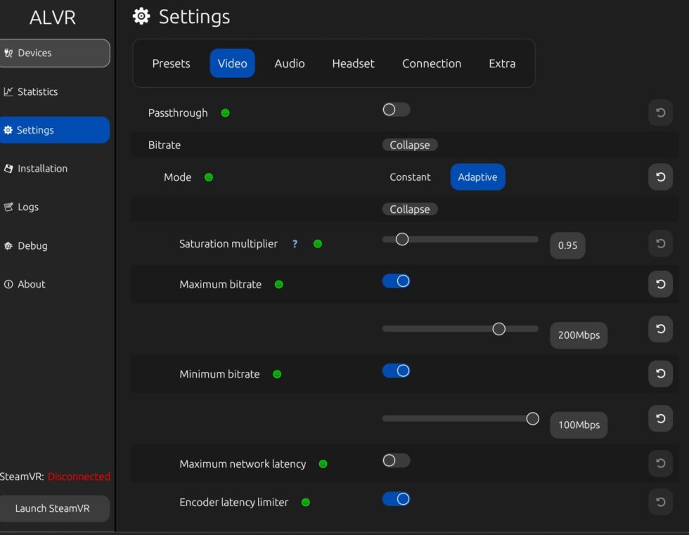 Bitrate-Einstellungen in ALVR