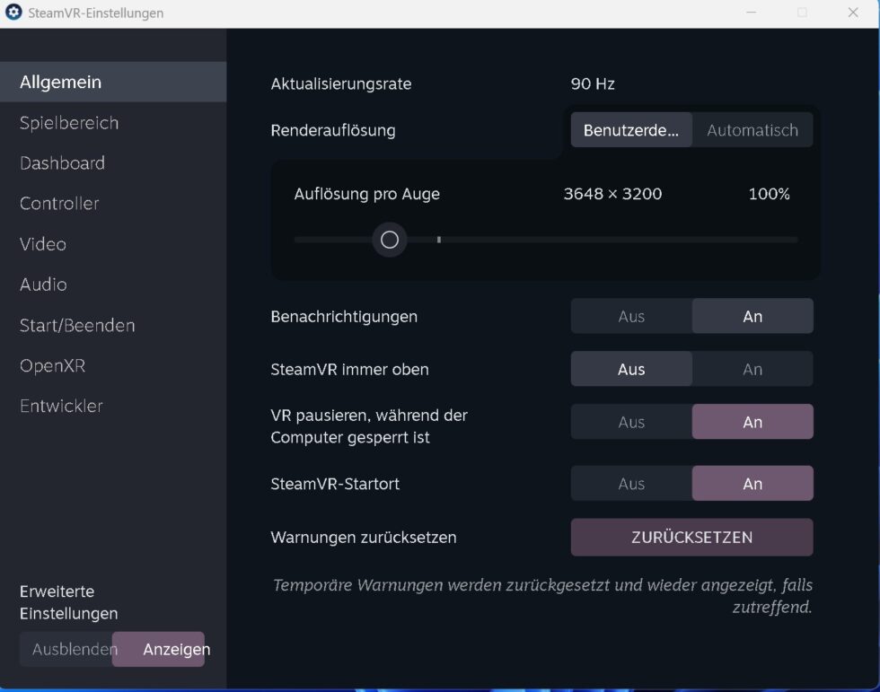 Renderauflösung pro Auge in SteamVR